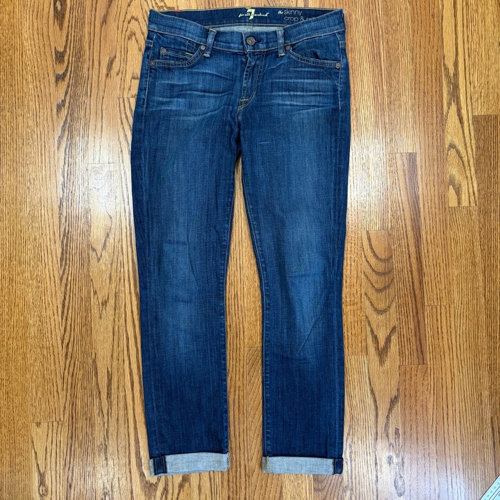 7 For All Mankind The Skinny Crop & Roll Blue Denim Stretch Jeans (27)